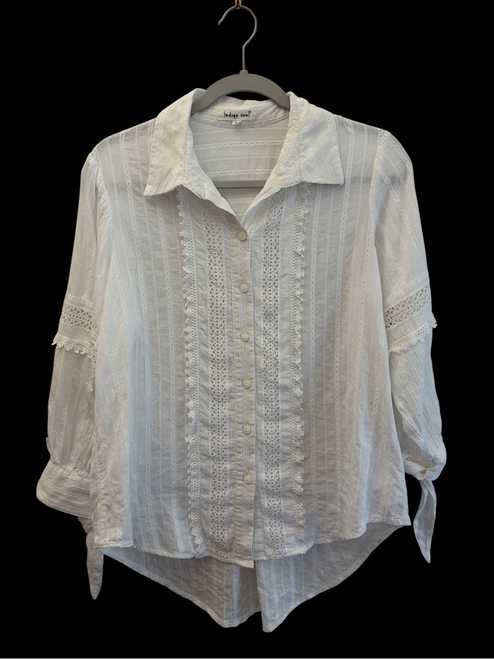 indigo soul Western Prairie White Cotton Lace-Trim Button-Front Blouse Size L